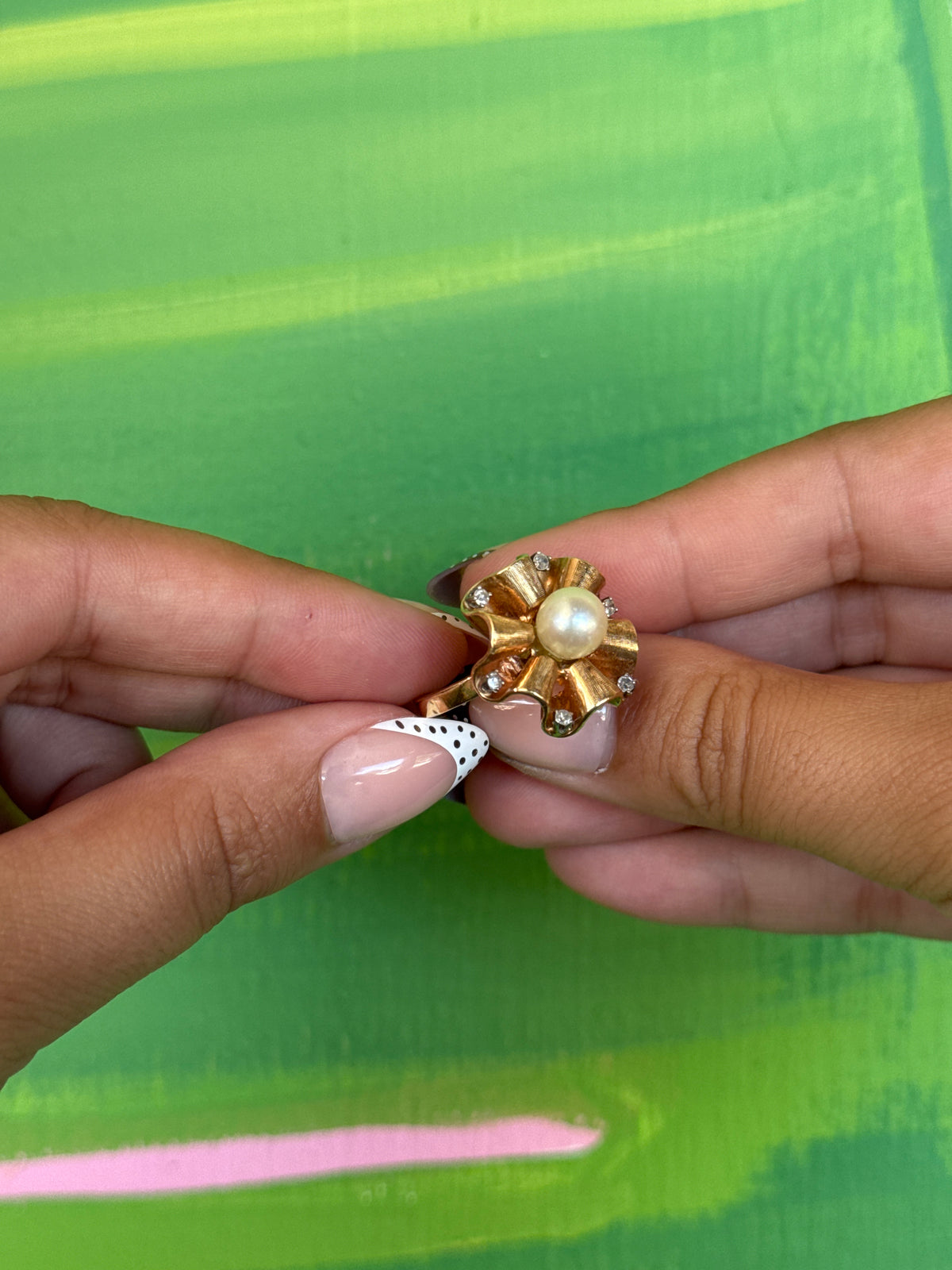 14K Vintage Pearl and Diamond Cocktail Ring