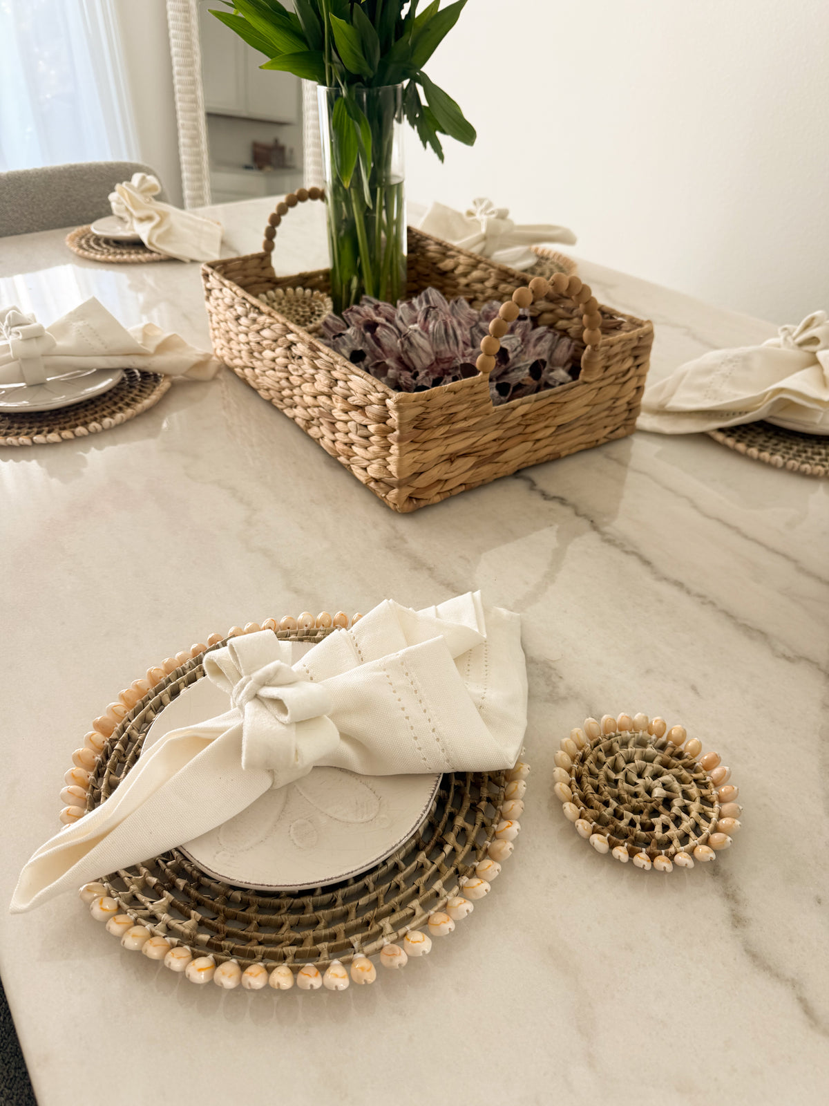 Coastal Seashell Beaded Woven Placemat – Natural Rattan & Shell edge table decor