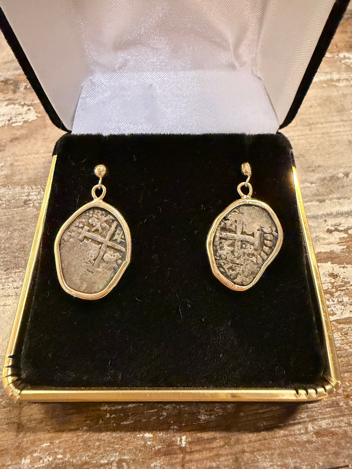 Authentic Spanish Silver Cob Coin Earrings in 14K Gold – 1742 & 1744 Shipwreck Treasure Coins