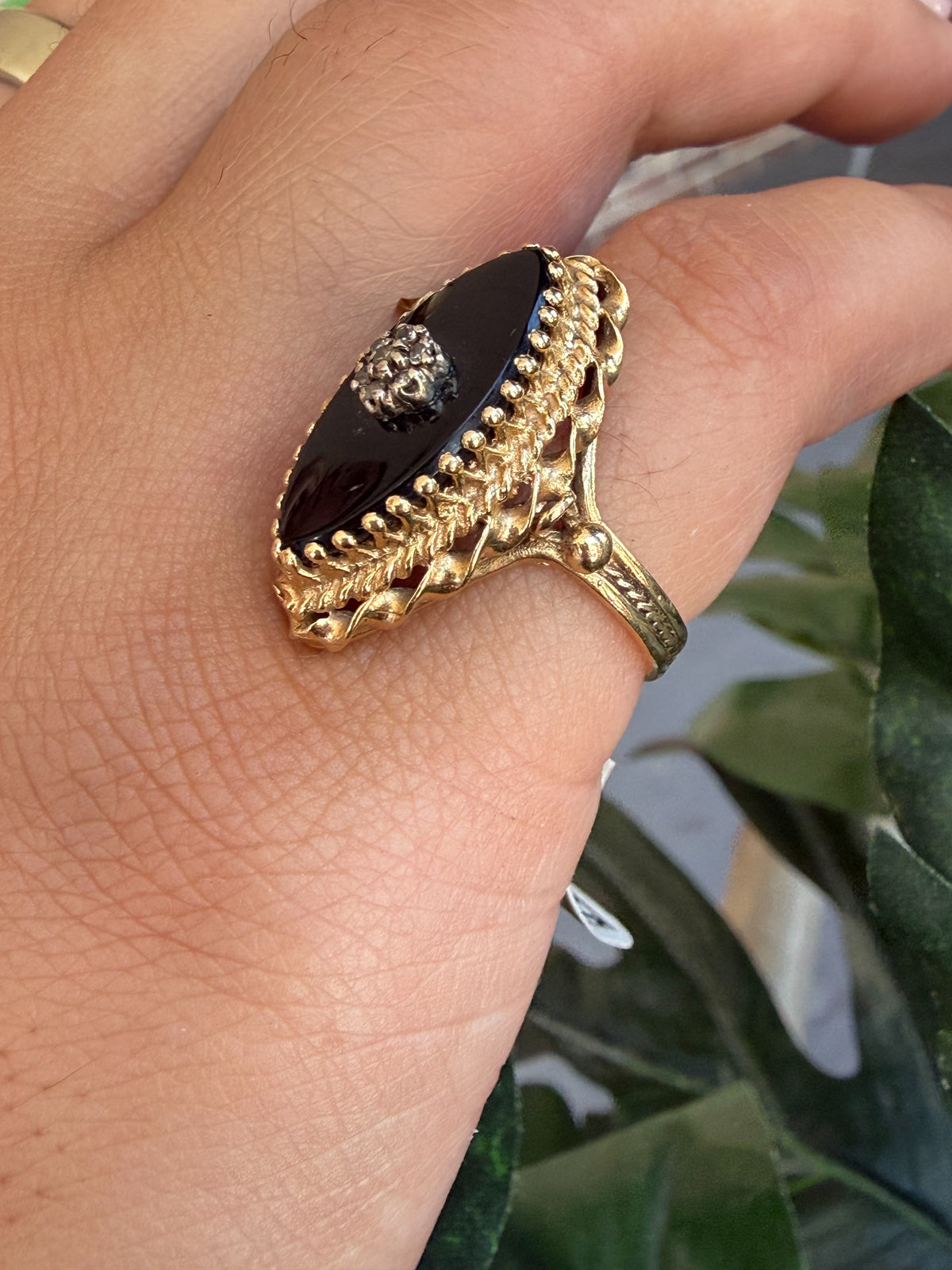 Vintage Black Onyx & Diamond Ring 14K Gold