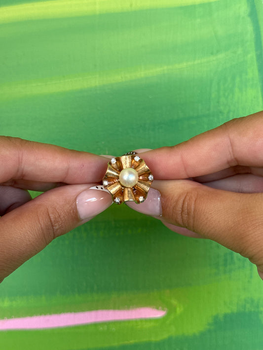 14K Vintage Pearl and Diamond Cocktail Ring