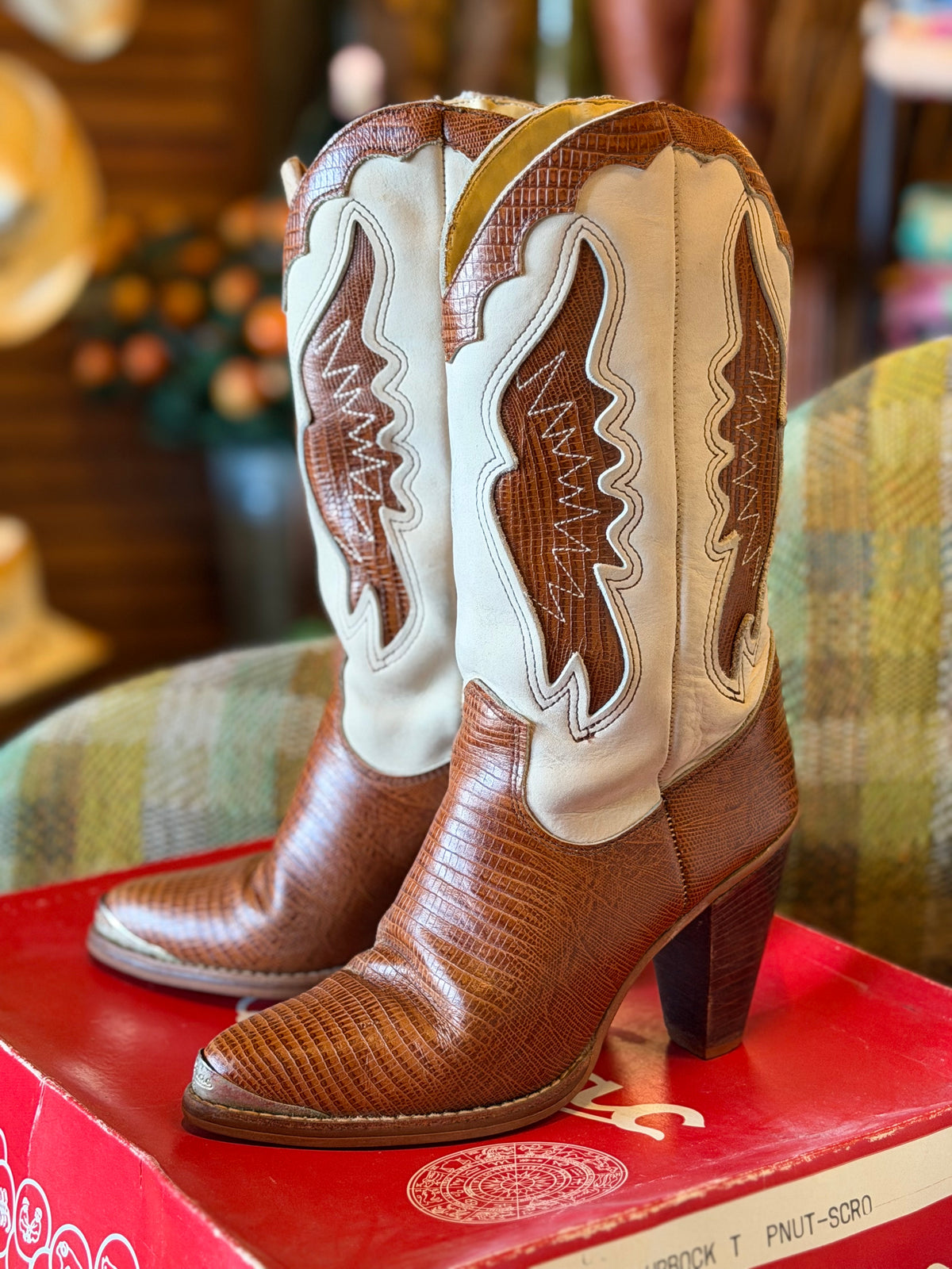Vintage 1980s Zodiac Brown & White Cowboy Boots with Original Box