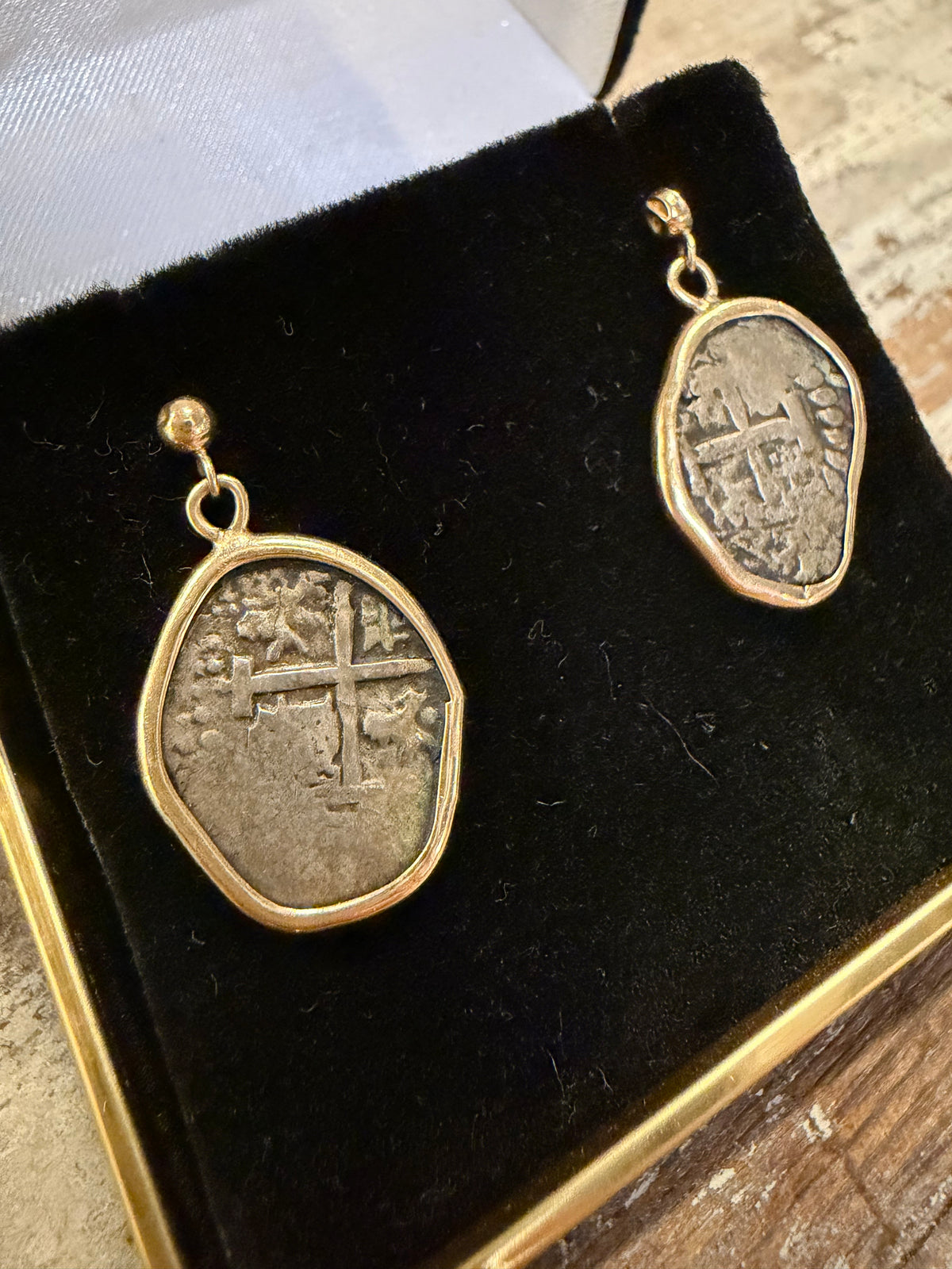 Authentic Spanish Silver Cob Coin Earrings in 14K Gold – 1742 & 1744 Shipwreck Treasure Coins