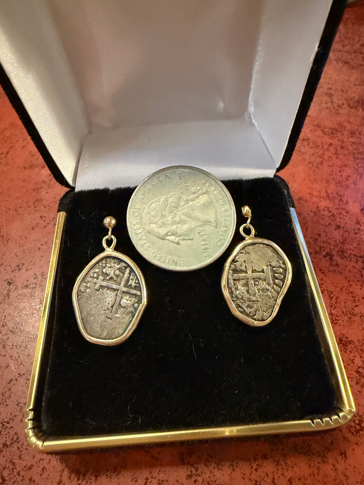Authentic Spanish Silver Cob Coin Earrings in 14K Gold – 1742 & 1744 Shipwreck Treasure Coins