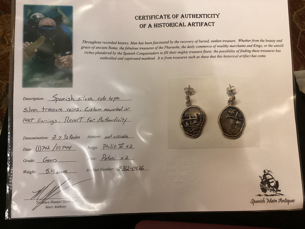 Authentic Spanish Silver Cob Coin Earrings in 14K Gold – 1742 & 1744 Shipwreck Treasure Coins