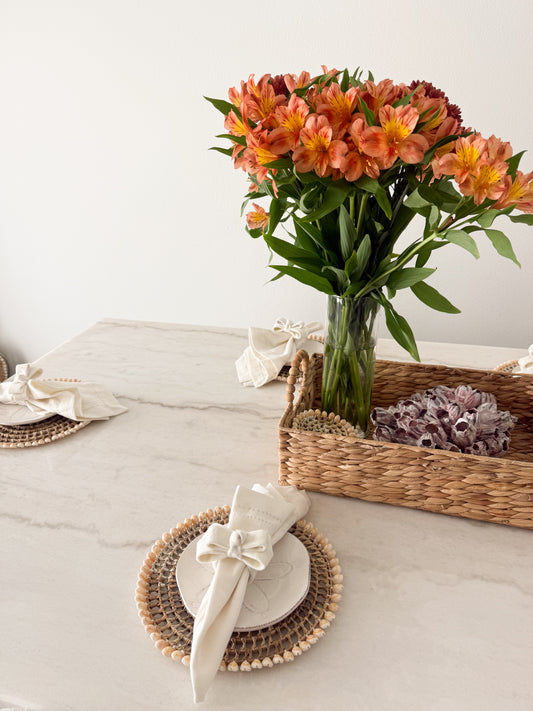 Coastal Seashell Beaded Woven Placemat – Natural Rattan & Shell edge table decor
