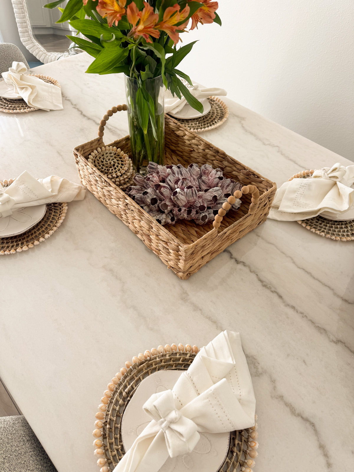 Coastal Seashell Beaded Woven Placemat – Natural Rattan & Shell edge table decor